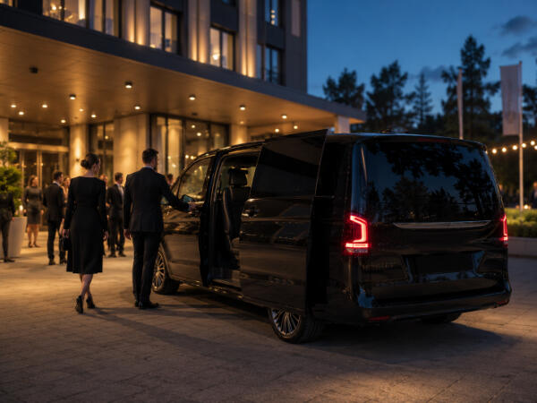 Eleganter Abend vor modernem Hotel Eleganter Abend vor modernem Hotel
