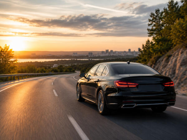 Luxusauto bei Sonnenuntergang auf der Straße